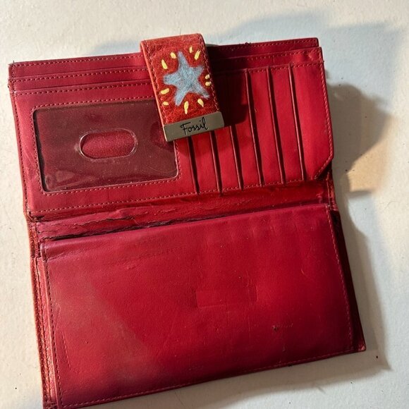 Fossil Genuine Leather Red Wallet Stars Graffiti Handmade Upcycle Vintage Purse - Picture 8 of 10